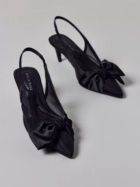 Azalea Wang Black Satin Bow Slingback Kitten Heels